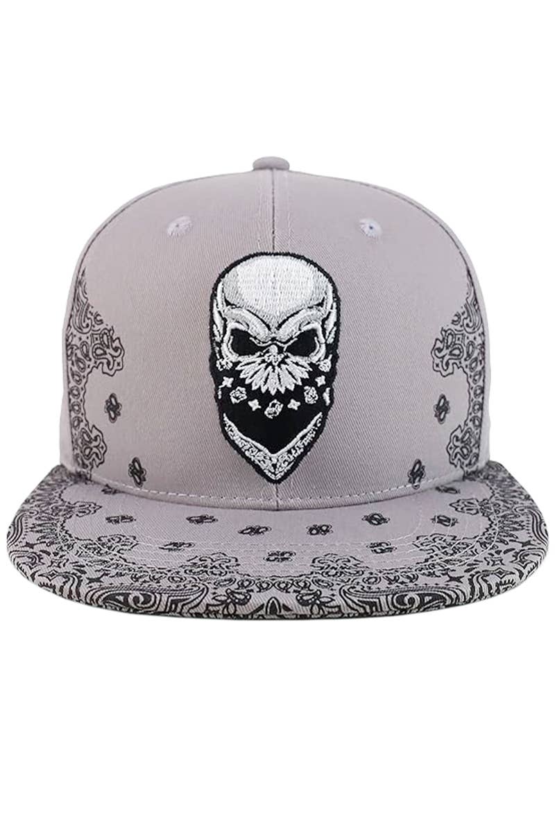 Rebel Biker Skull Paisley Bandana Print Snapback: Gray