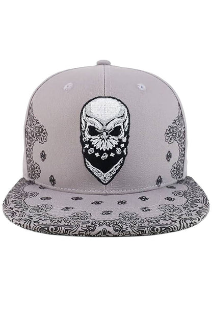 Rebel Biker Skull Paisley Bandana Print Snapback: Gray