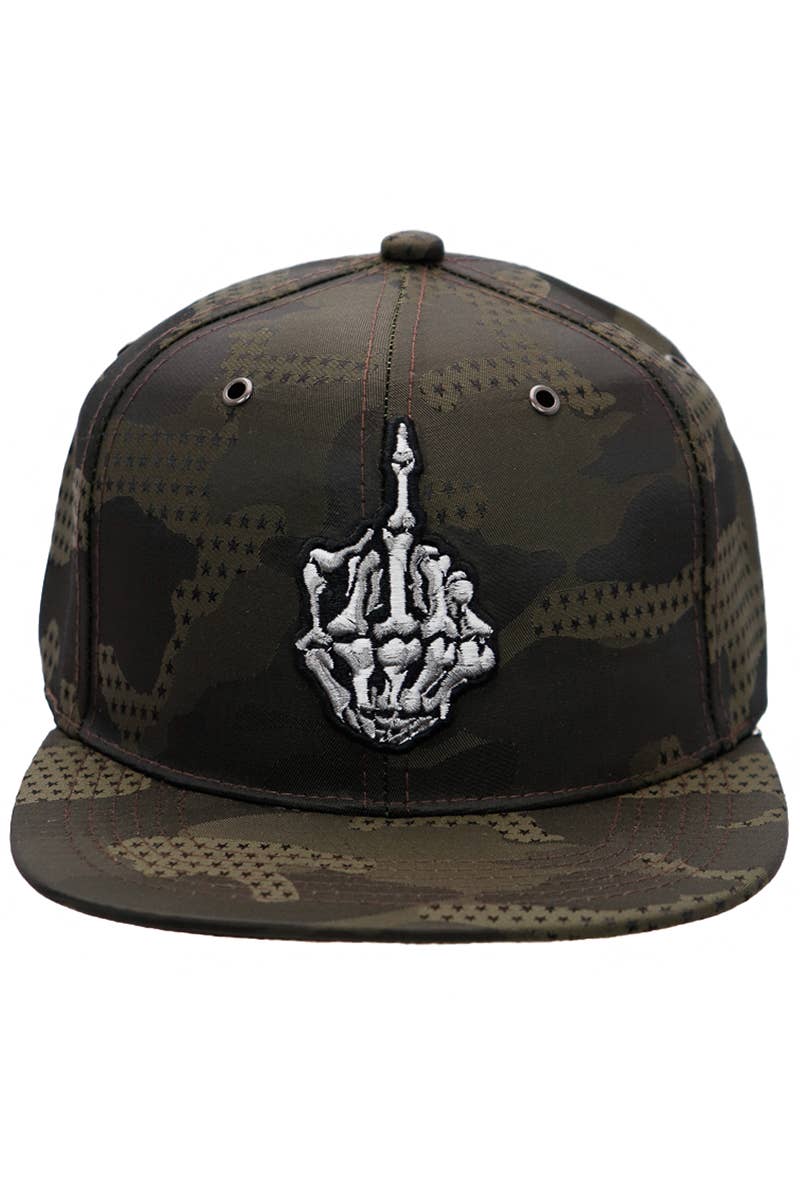 Middle Finger Star Camo Poly Fabric Six Panel Snapback: Black Camo