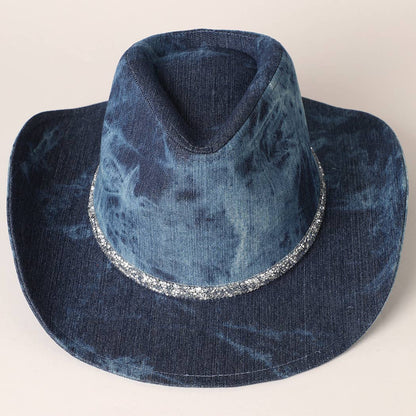 Shiny Rhinestone Band Denim Cowboy Hat: DENIM BLUE / ONE SIZE