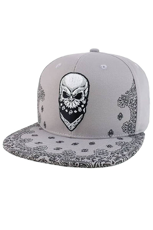 Rebel Biker Skull Paisley Bandana Print Snapback: Gray