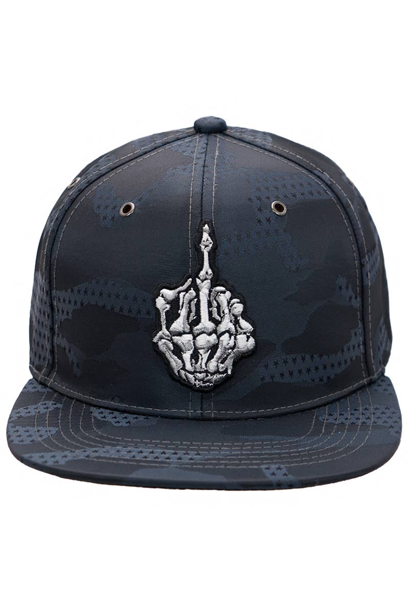 Middle Finger Star Camo Poly Fabric Six Panel Snapback: Black Camo