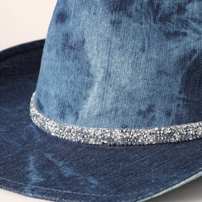 Shiny Rhinestone Band Denim Cowboy Hat: DENIM BLUE / ONE SIZE