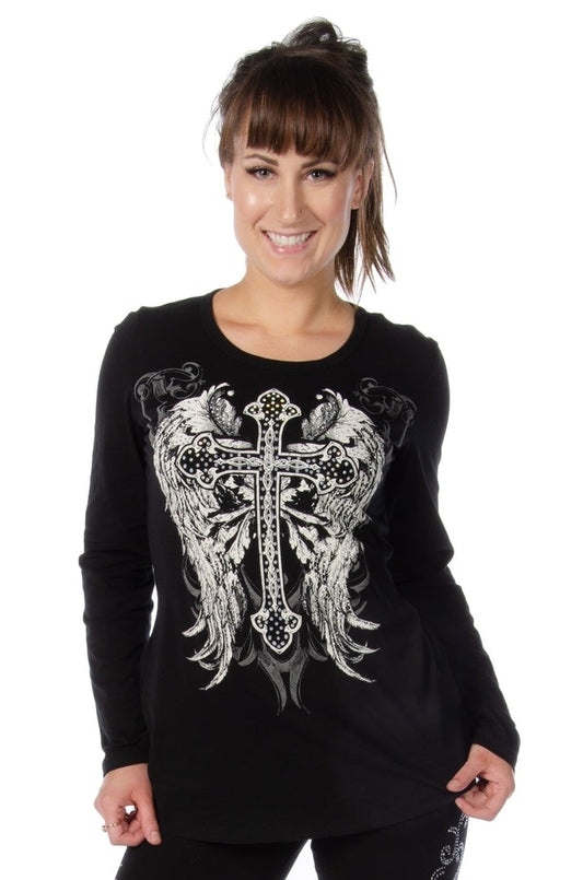 Women's Long Sleeve Cross & Wings V-Neck Shirt