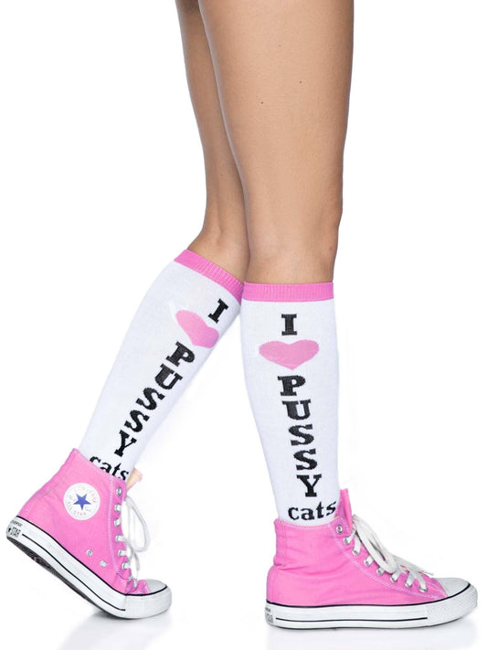 Pussycat Knee High Socks: White/Pink / One Size