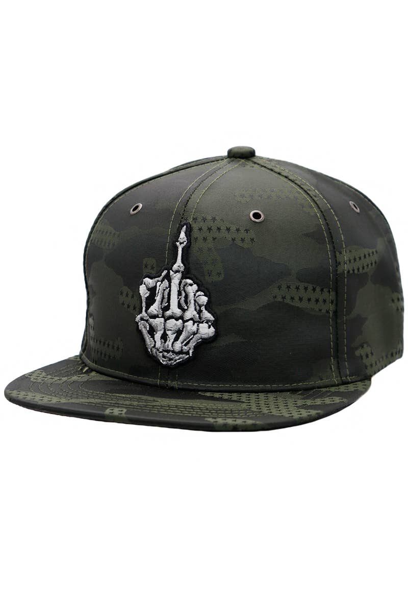 Middle Finger Star Camo Poly Fabric Six Panel Snapback: Black Camo