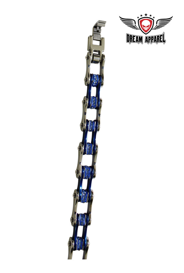 Chrome and Blue Squared Motorcycle Bracelet With Blue Gemstones