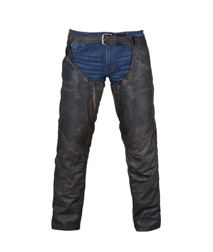 Distressed Brown Leather Motorcycle Chaps with Leather Belt