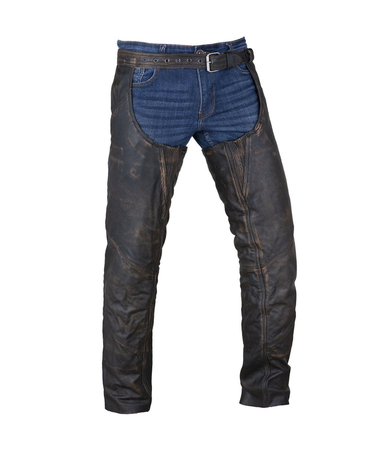 Distressed Brown Leather Motorcycle Chaps with Leather Belt