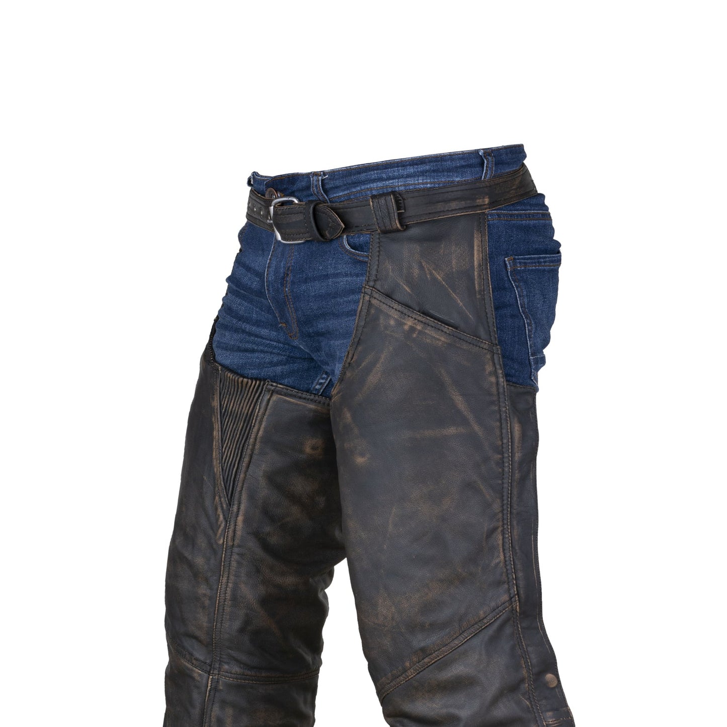 Distressed Brown Leather Motorcycle Chaps with Leather Belt