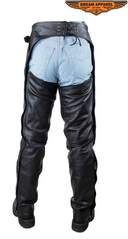 Black Multi-Pocket Leather Chaps with Removable lining