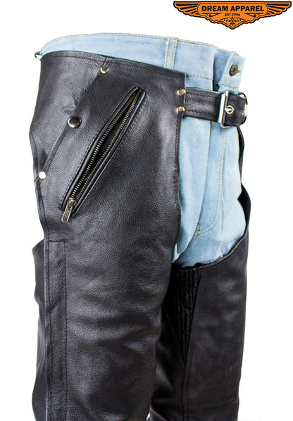 Black Multi-Pocket Leather Chaps with Removable lining