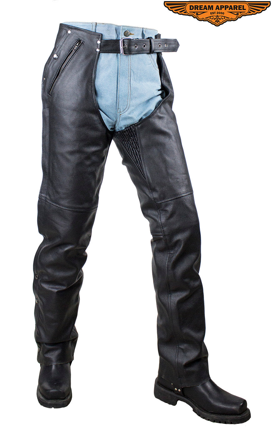 Black Multi-Pocket Leather Chaps with Removable lining