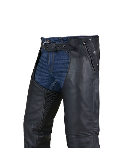 Dream Apparel Black Multi-Pocket Naked Cowhide Leather Chaps With Zipout liner