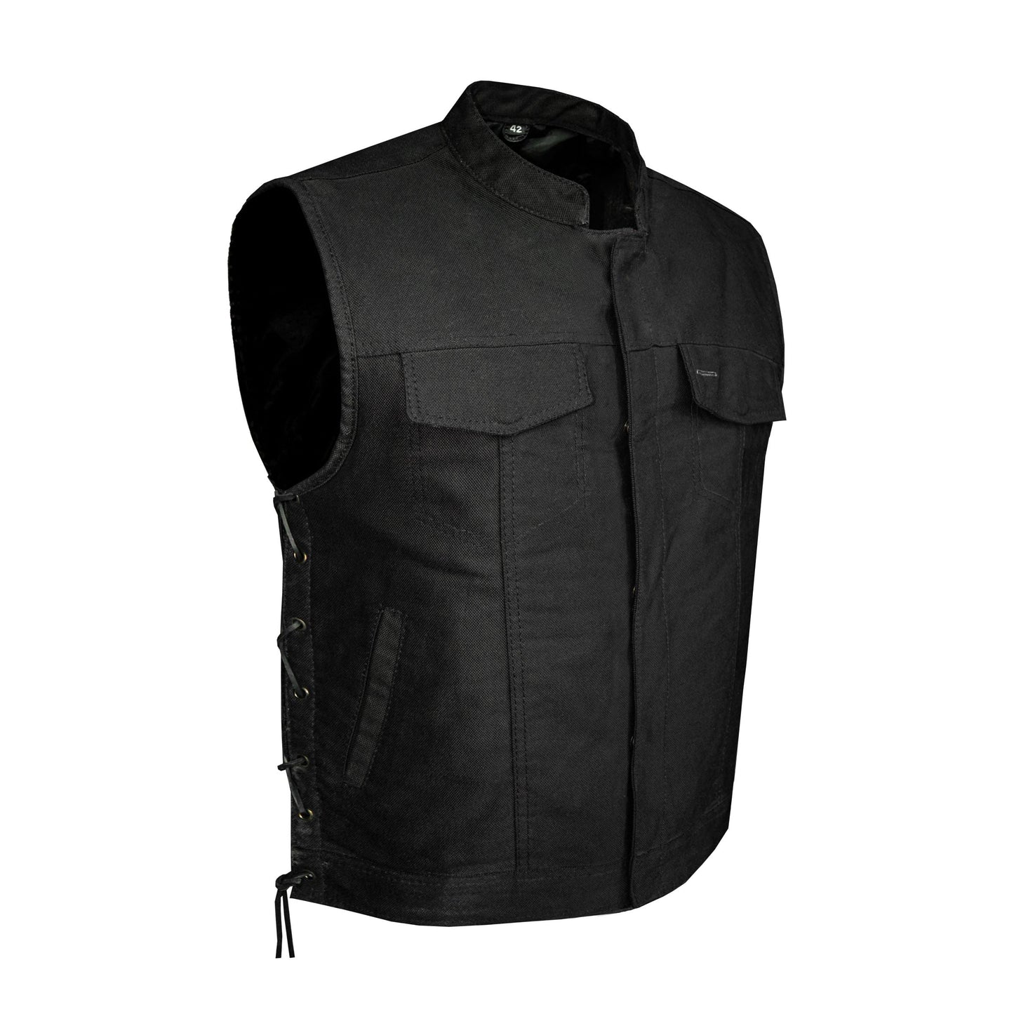 Mens SOA Style Motorcycle Club Vest® Black Denim Conceal Gun Pockets Side Laces