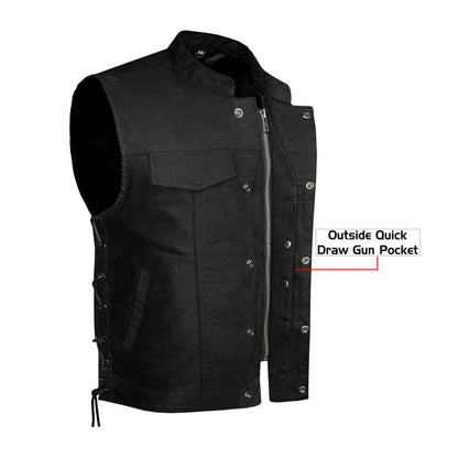 Mens SOA Style Motorcycle Club Vest® Black Denim Conceal Gun Pockets Side Laces