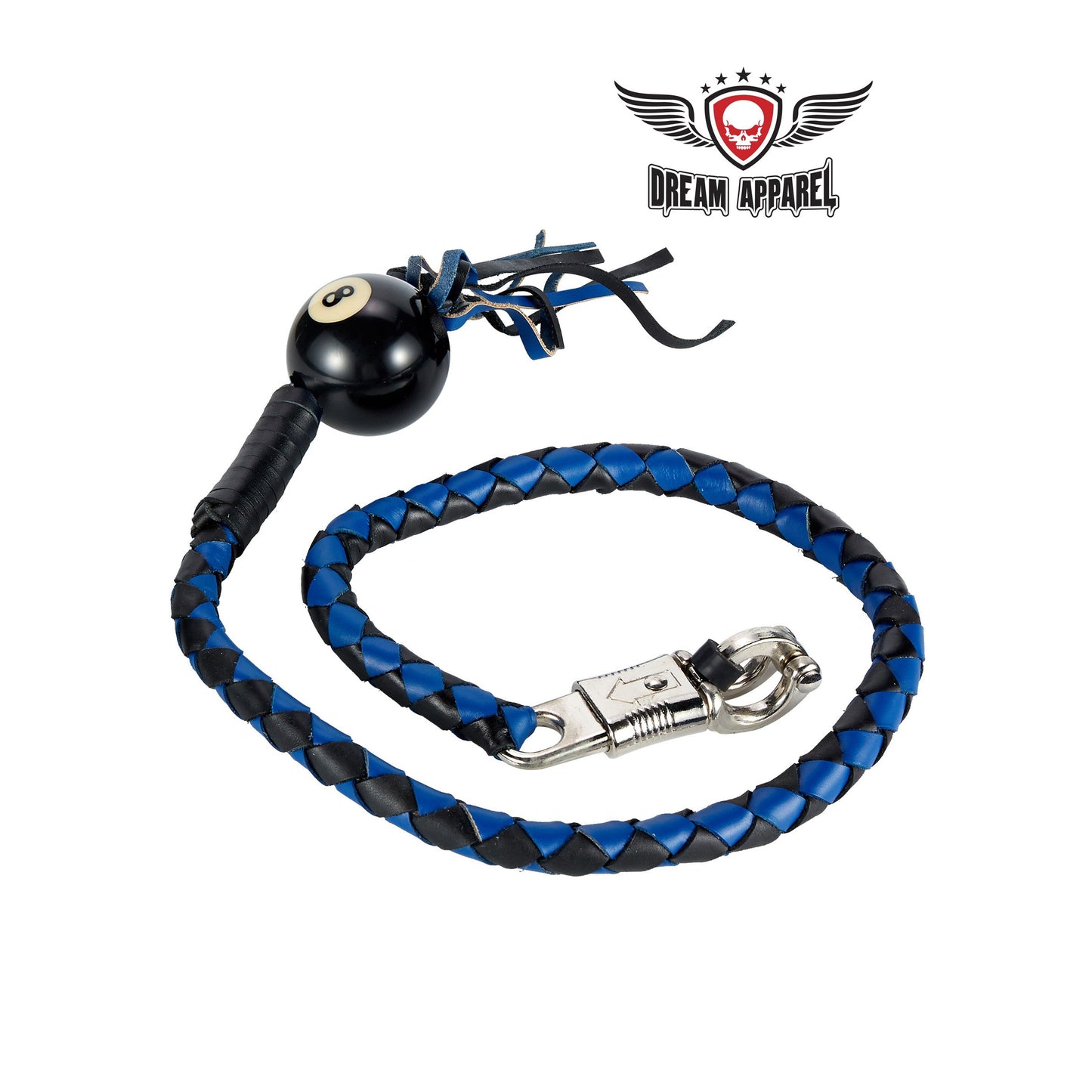 Dream Apparel 42" Long Black And Blue Fringed Get Back Whip With Black Pool Ball 8