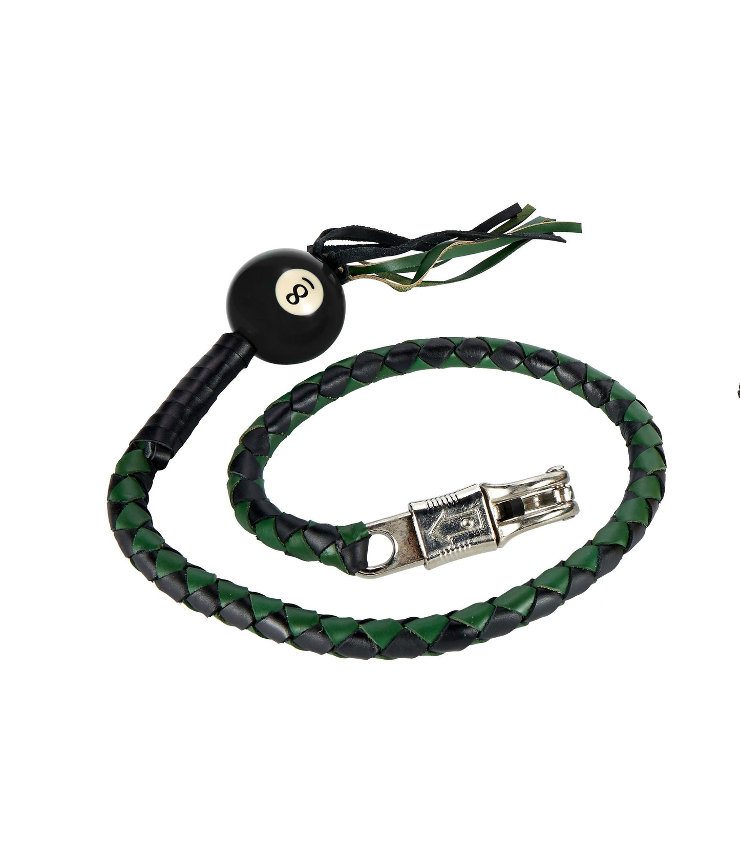 Dream Apparel 42" Long Black And Green Fringed Get Back Whip With Black Pool Ball 8