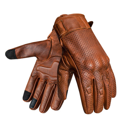 Men's Perforated Brown Leather Motorcycle Gloves for Riding with High Strength Knuckle Protection