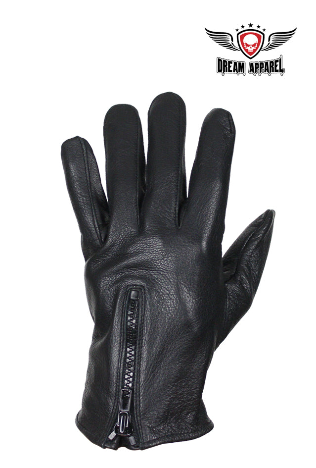 Deer Skin Leather Gloves W/ Zipper - Black