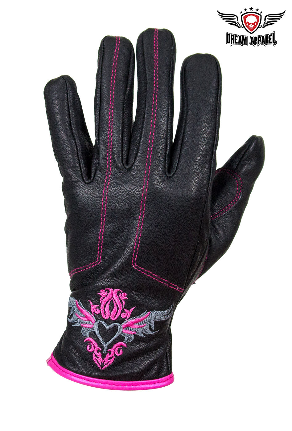 Dream Apparel Embroidered Pink Heart Graphic Naked Leather Gloves