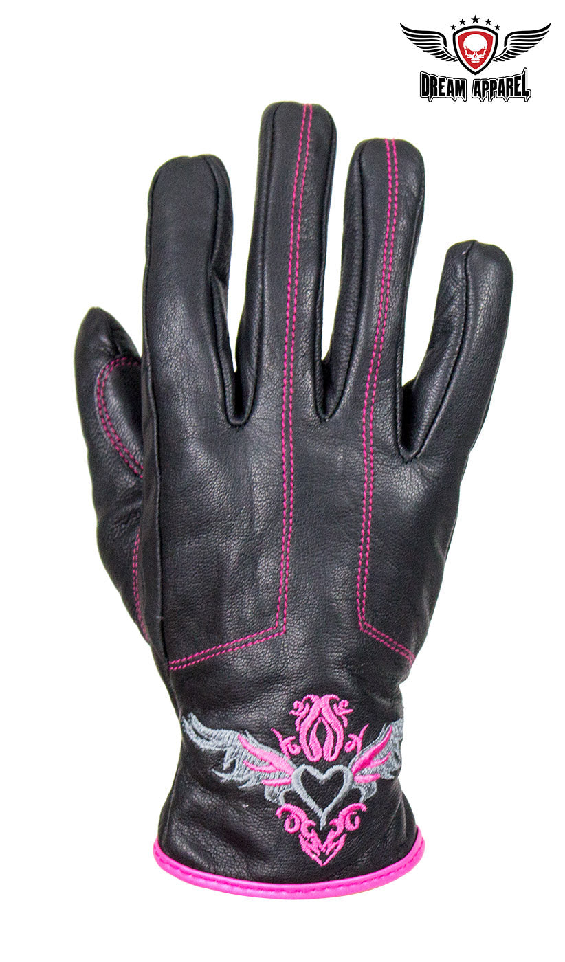 Dream Apparel Embroidered Pink Heart Graphic Naked Leather Gloves