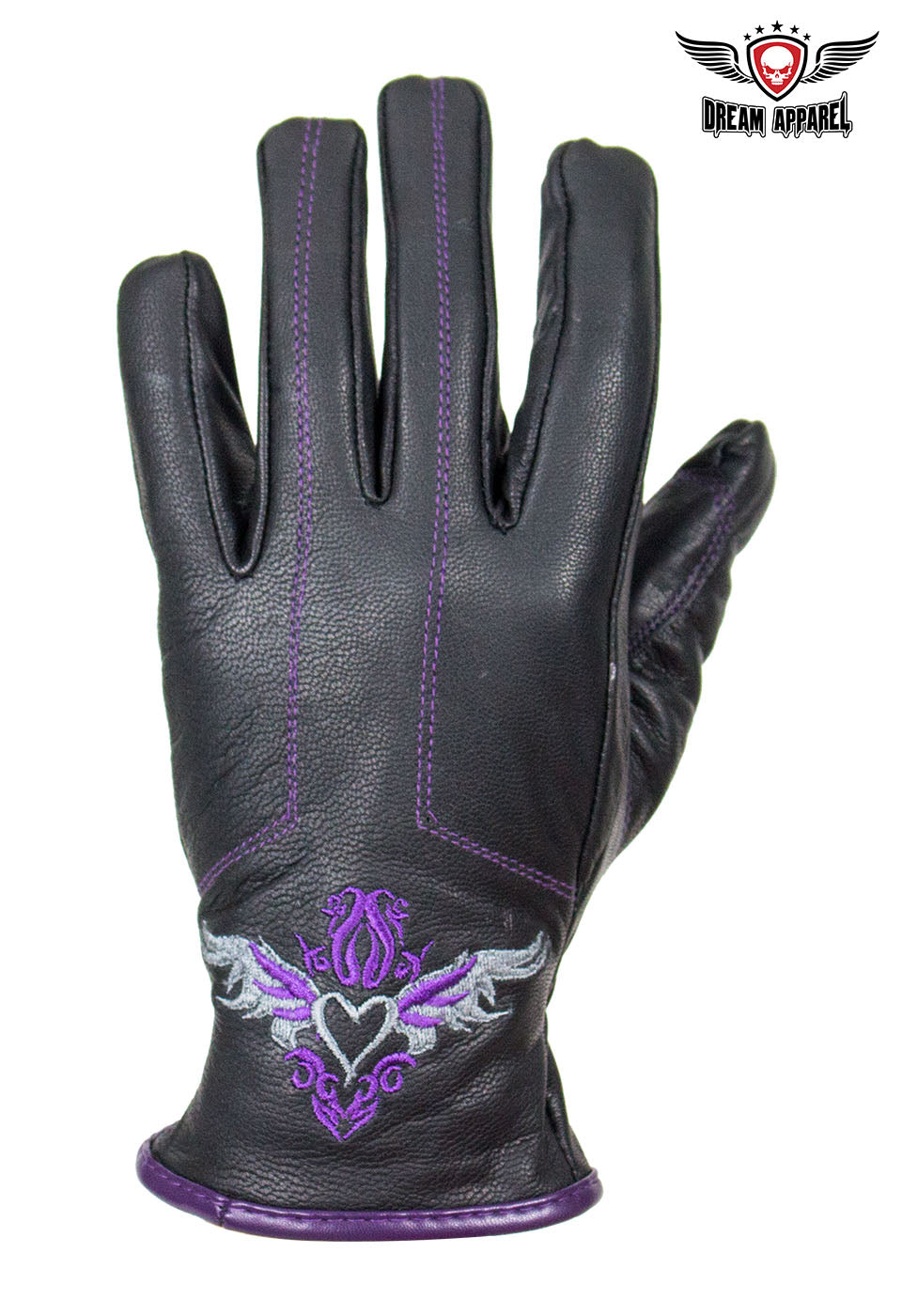 Purple-Heart Graphic Embroidered Leather Gloves