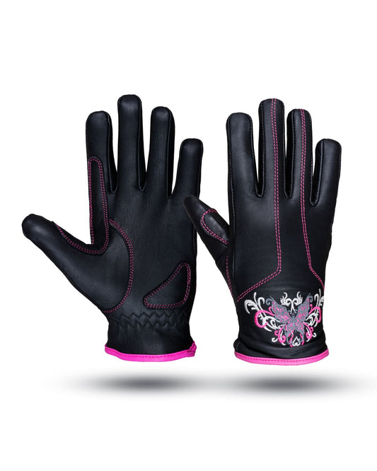 Dream Apparel Pink & Silver Butterfly in a White Graphic Embroidered Leather Gloves