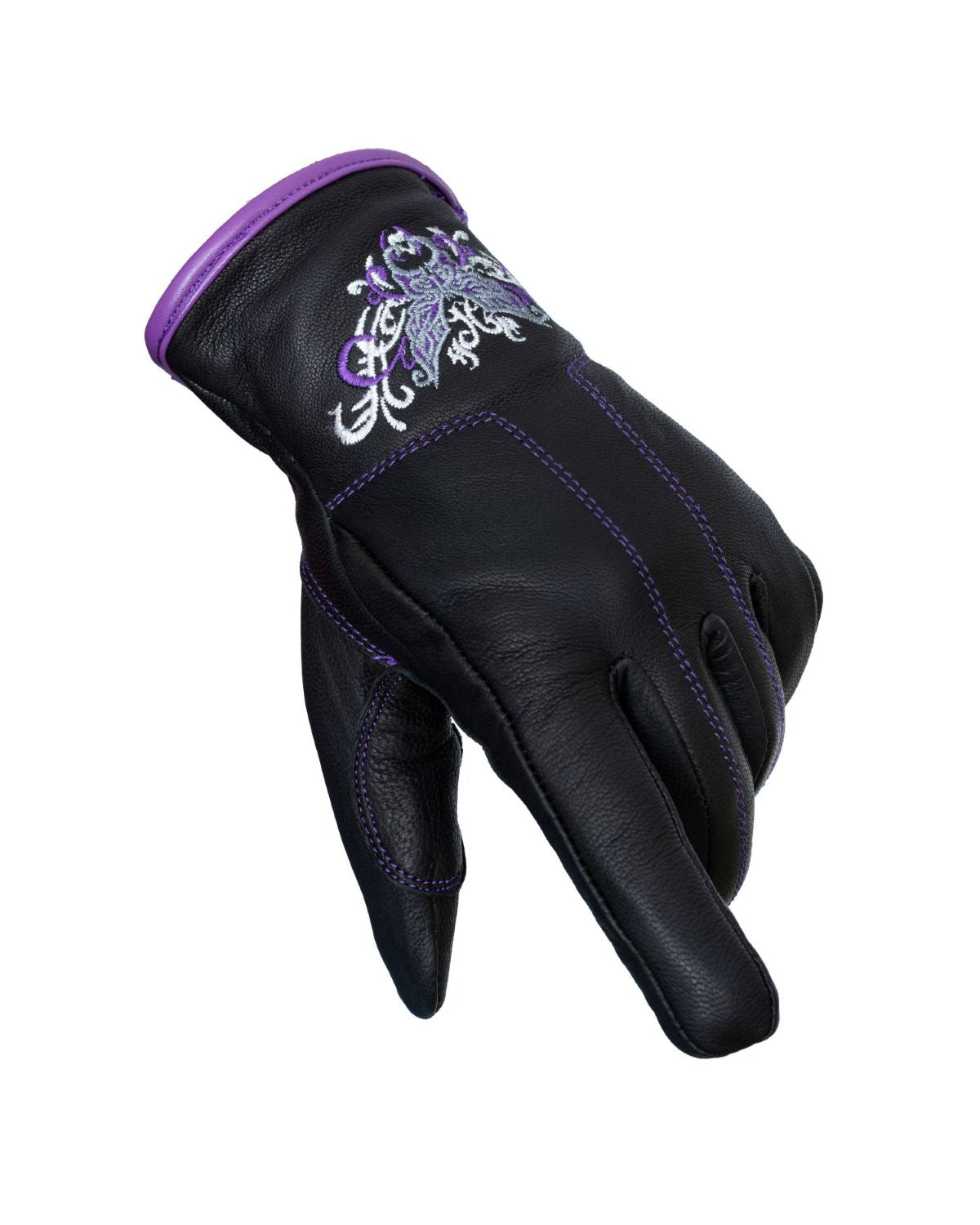 Dream Apparel Purple & Silver Butterfly in a White Graphic Embroidered Leather Gloves