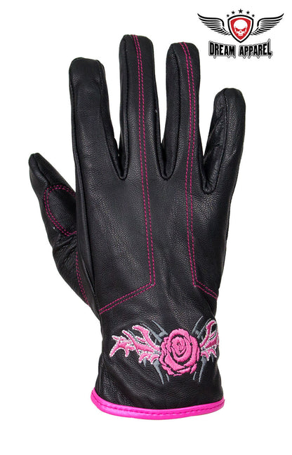 Pink-Rose Graphic Embroidered Leather Gloves