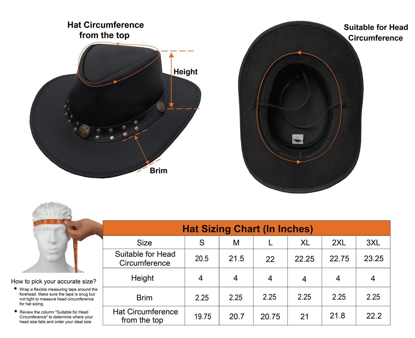 Dream Apparel Men's Black Premium Leather Western Cowboy Studded Hat for Halloween Deadman