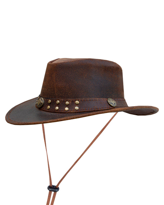 Dream Apparel Men's Brown Top-Grain Premium Leather Western Cowboy Studded Hat for Halloween Deadman