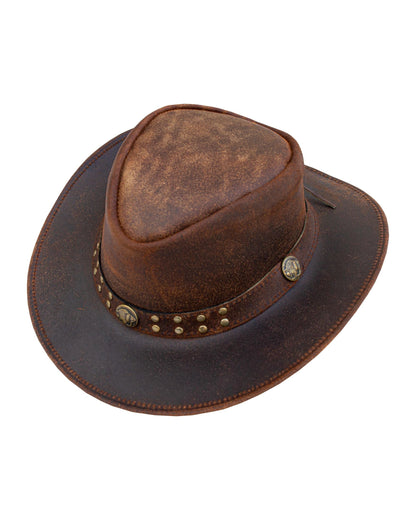 Dream Apparel Men's Brown Top-Grain Premium Leather Western Cowboy Studded Hat for Halloween Deadman