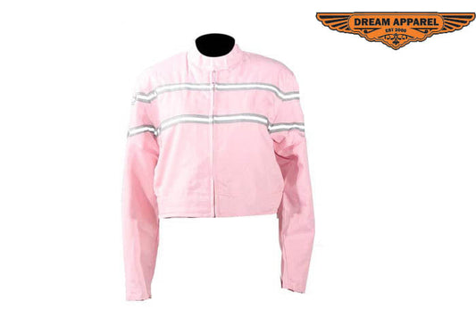 Women's Light Pink Lightweight Racer Style Textile Jacket W/ White Stripes