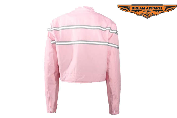 Women's Light Pink Lightweight Racer Style Textile Jacket W/ White Stripes