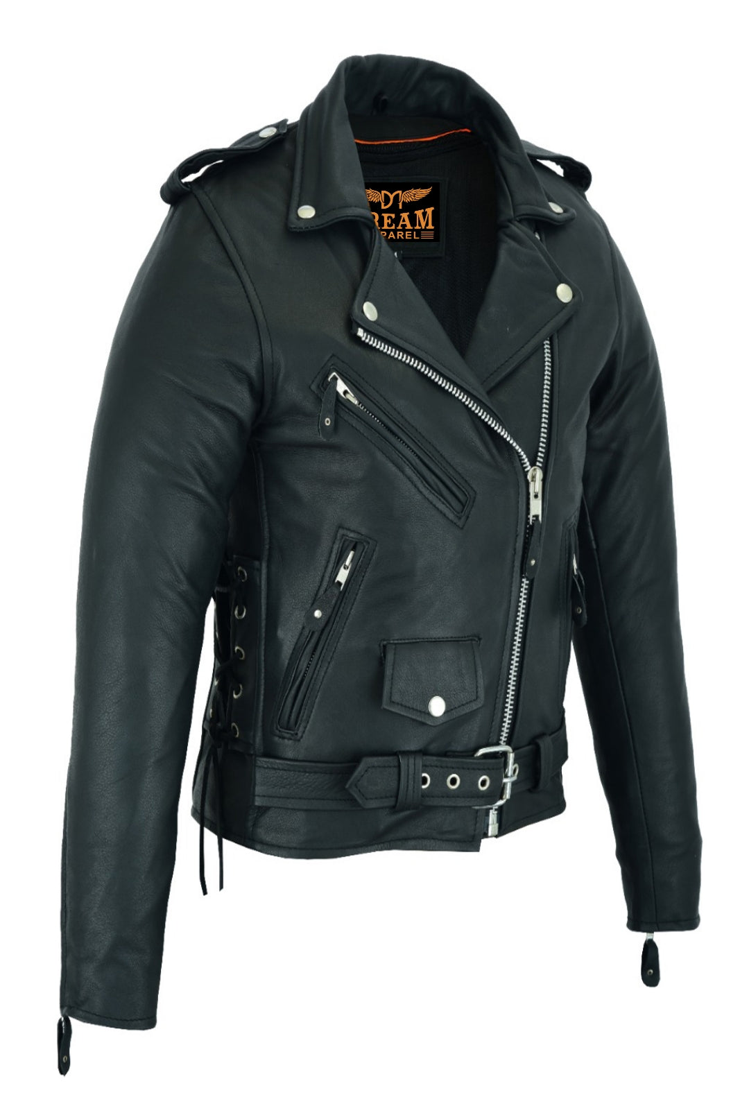 Women Motorcycle Classic Leather Jacket Premier Cowhide Leather Conceal Carry Pockets Side Laces