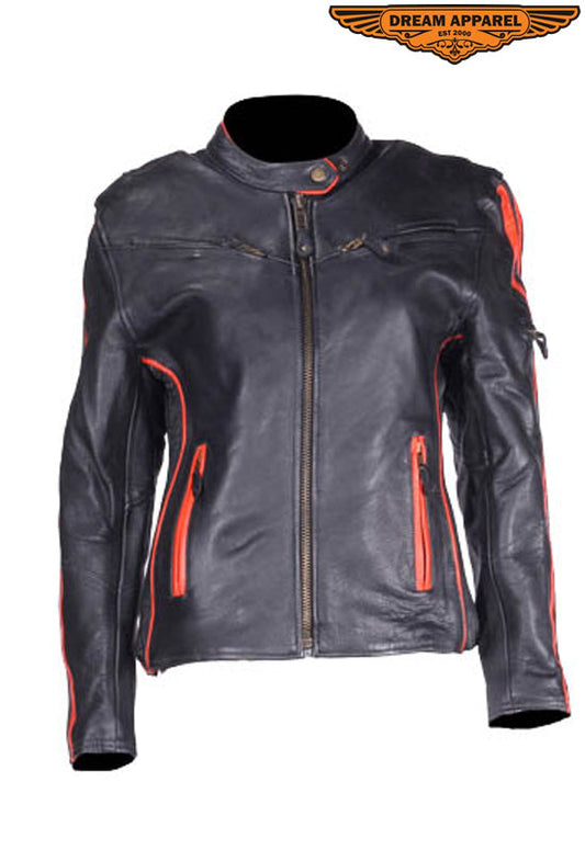 Women's Leather Racer Jacket With Double Orange Stripes Down Sleeves