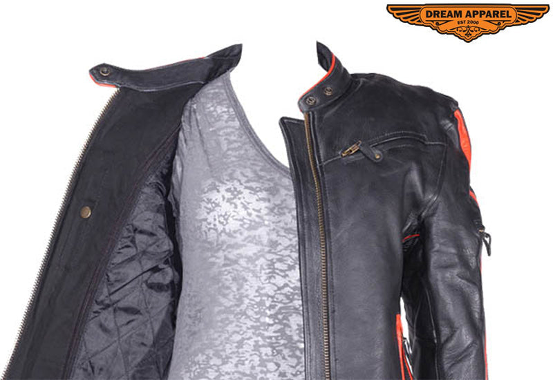 Women's Leather Racer Jacket With Double Orange Stripes Down Sleeves