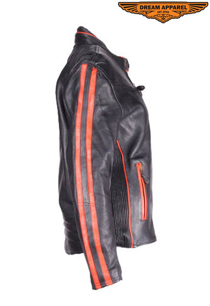 Women's Leather Racer Jacket With Double Orange Stripes Down Sleeves