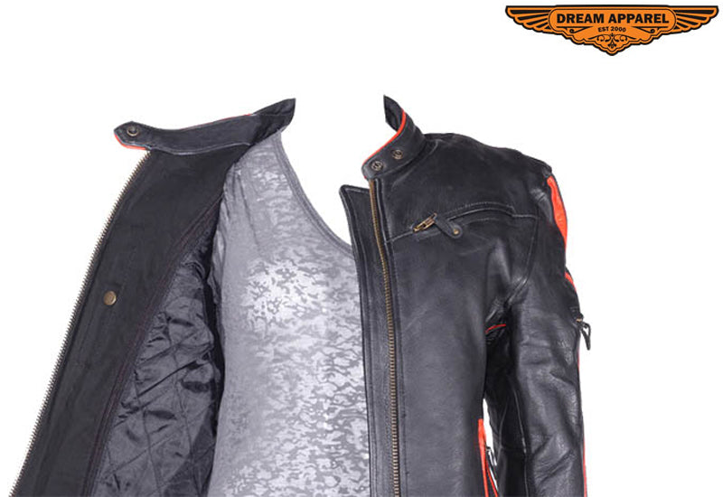 Womens Leather Racer Jacket with Orange Stripes