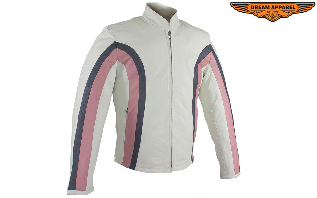 Womens Soft Leather Jacket With Silver  & Pink Stripes