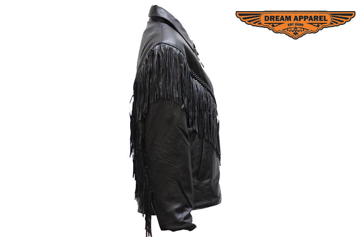 Women's Leather Motorcycle Jacket With Braid & Fringes