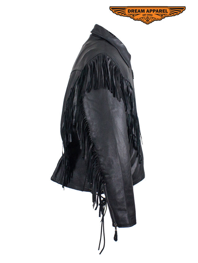 Womens Leather Motorcycle Jacket With Braid & Fringe