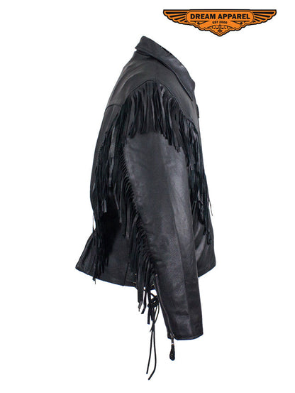 Womens Leather Motorcycle Jacket With Braid & Fringe