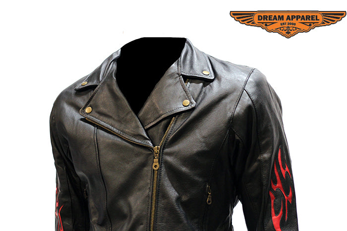 Women's Heavy Duty Leather Motorcycle Jacket With Flames