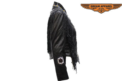 Women's Black Leather Jacket With Beads, Studs, Bone & Fringe