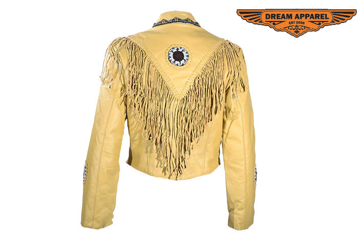 Women's Mustard Yellow Leather Jacket With Beads, Studs, Bone & Fringe