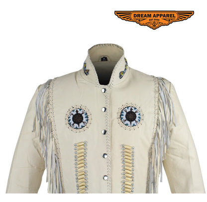 Women's Beige Leather Jacket With Beads, Studs, Bone & Fringe