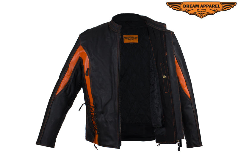 Women's Black and Orange Leather Racer Jacket With Laces