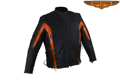 Women's Black and Orange Leather Racer Jacket With Laces